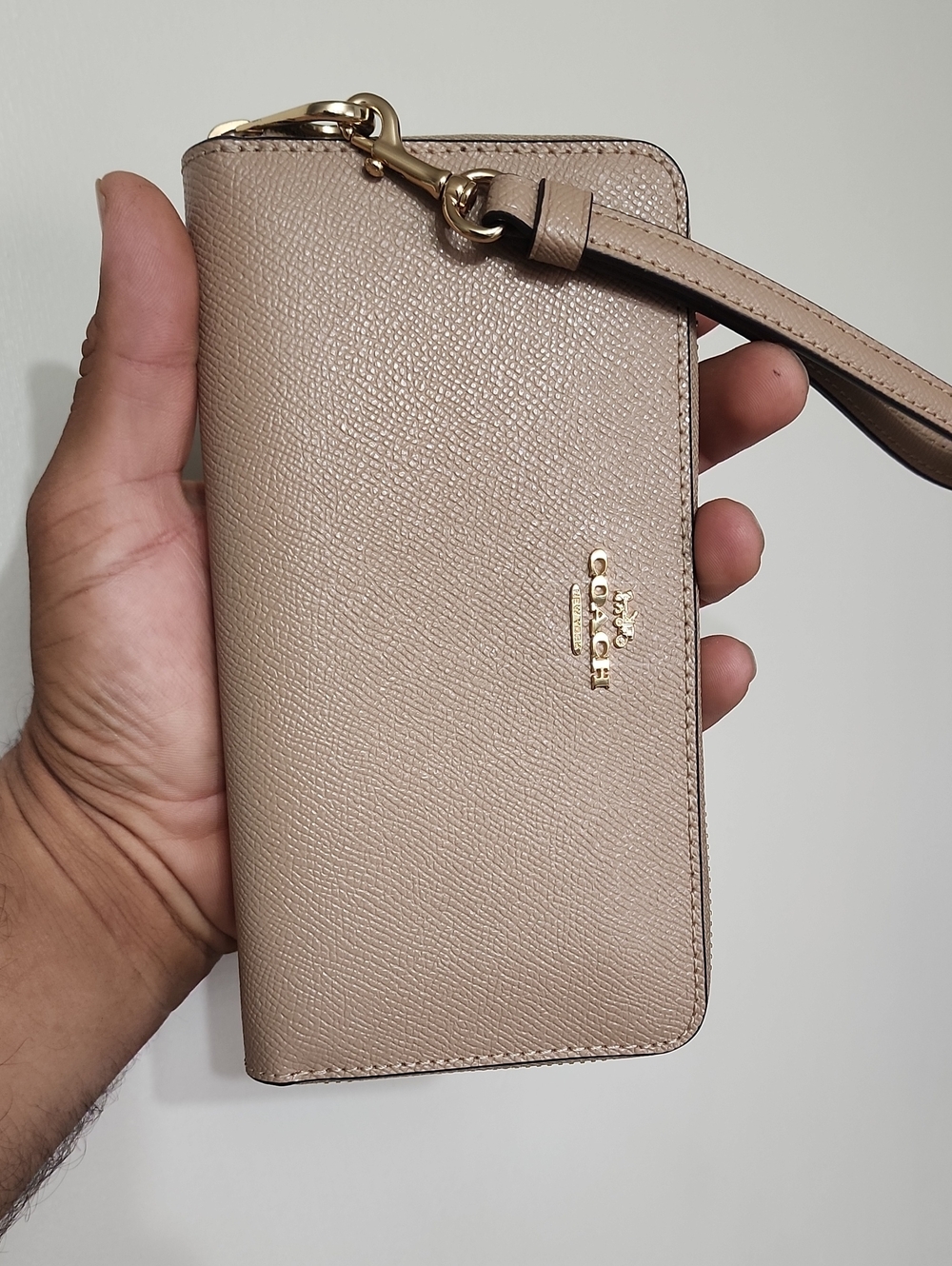 Coach Taupe Saffiano Leather Wristlet Wallet with Gold Hardware
